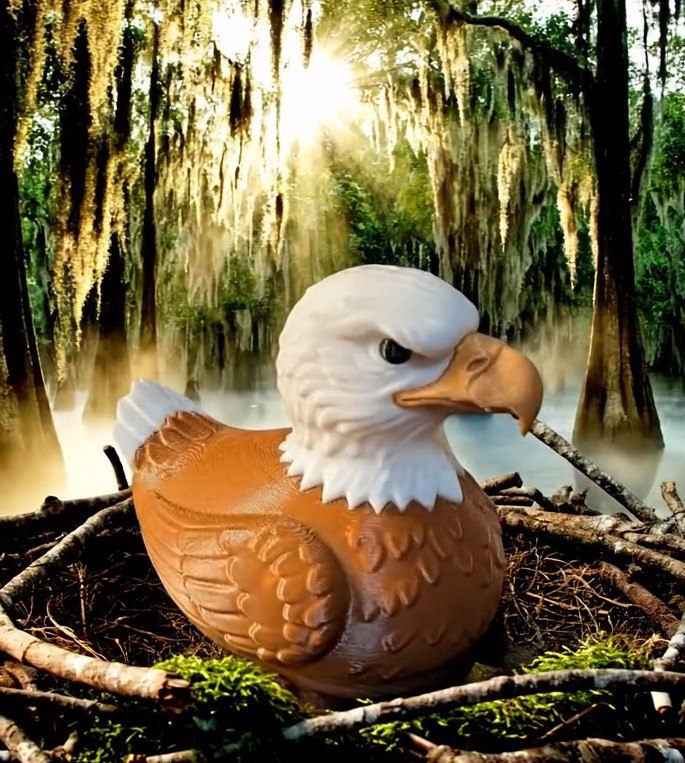 3D printed Beauregard the Bald Eagle Louisiana Legends figure perched in swamp nest with cypress trees and Spanish moss - handcrafted Cajun collectible