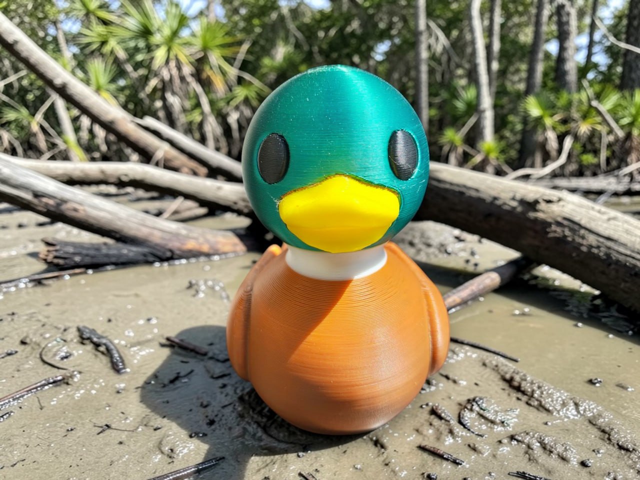 3D printed Marigny the Mallard Duck Louisiana Legends figure in swamp setting — handcrafted Cajun collectible