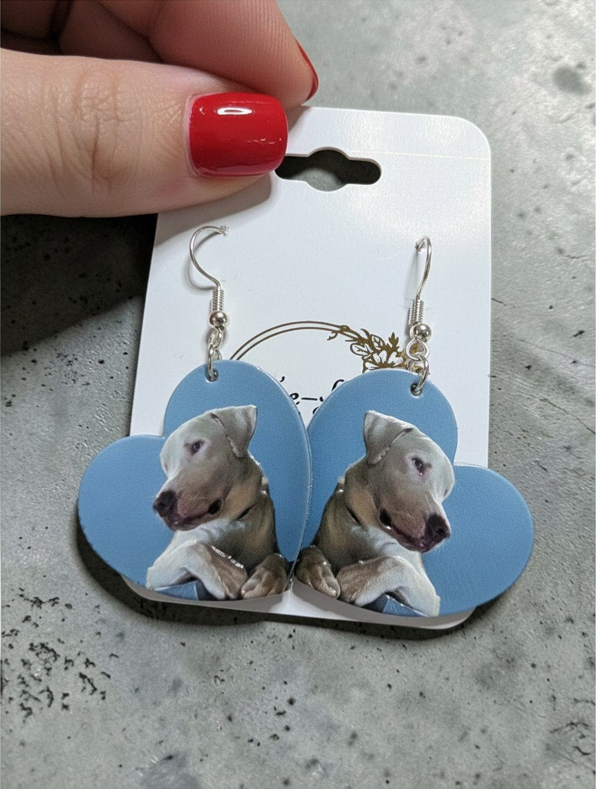Custom Pet Earrings - dog photo on heart shape background dangle style
