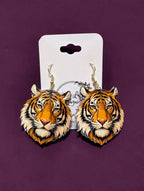 Bengal Tiger earrings on purple background - 3D UV printed LSU gameday earrings