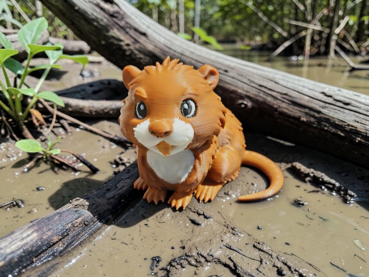 3D printed Boudin BeauxChomp the Swamp Nutria Louisiana Legends figure with gold teeth in swamp setting — handcrafted Cajun collectible
