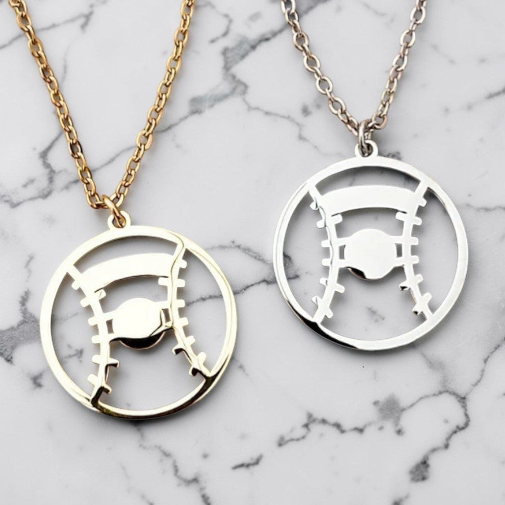 Custom laser-engraved stainless steel baseball softball sport necklace — handcrafted Louisiana personalized sports jewelry