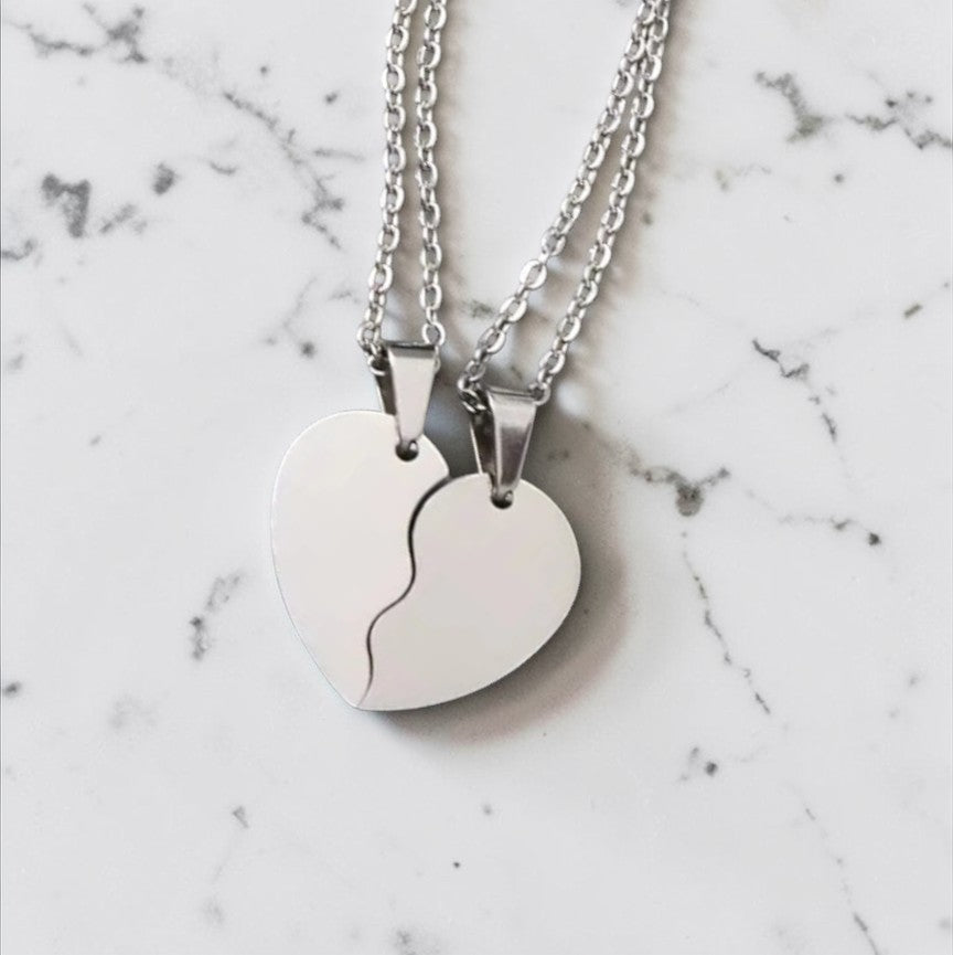 Custom laser-engraved stainless steel friends forever heart necklace set — handcrafted Louisiana personalized jewelry
