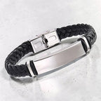Custom laser-engraved stainless steel bar braided leather bracelet — handcrafted Louisiana unisex personalized jewelry