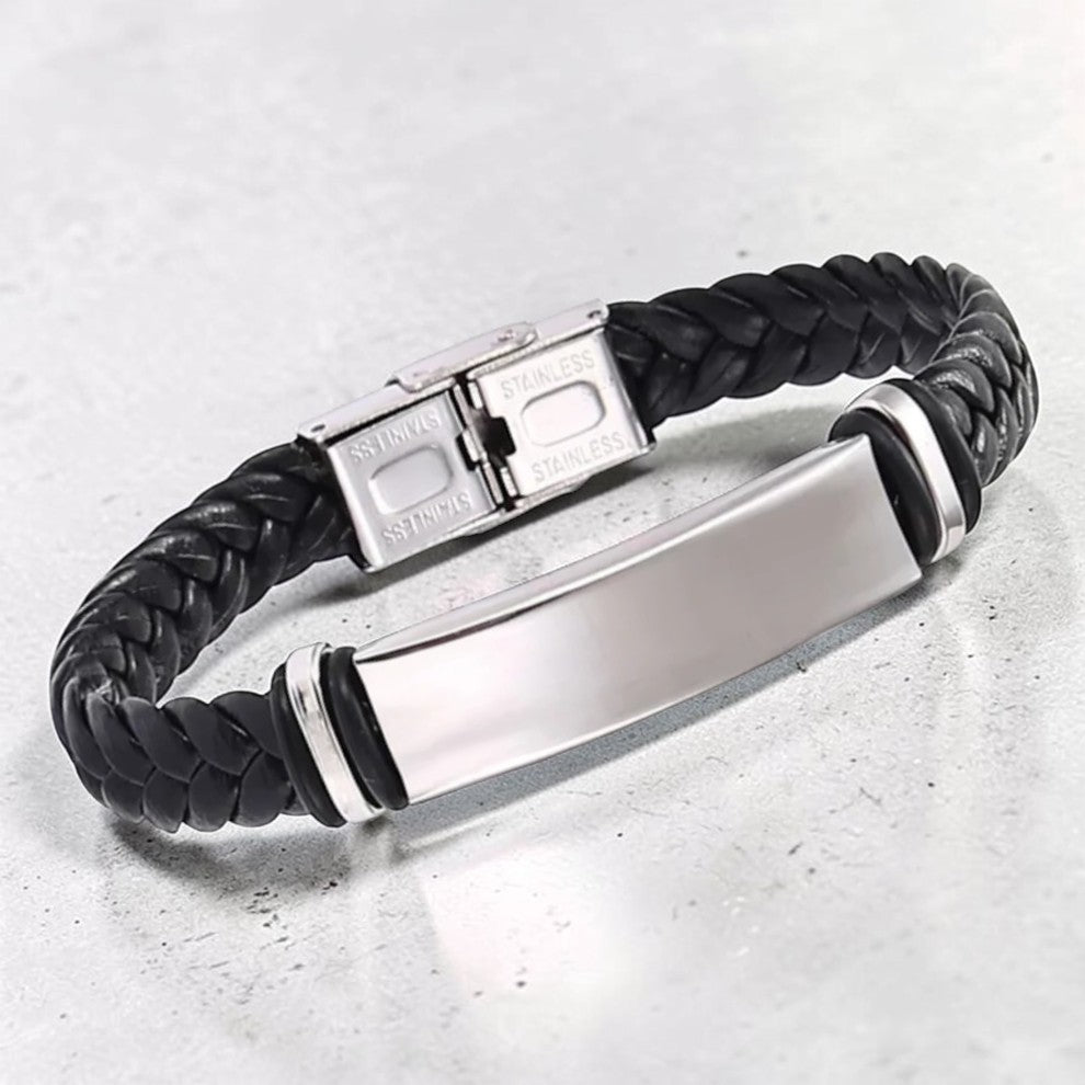 Custom laser-engraved stainless steel bar braided leather bracelet — handcrafted Louisiana unisex personalized jewelry