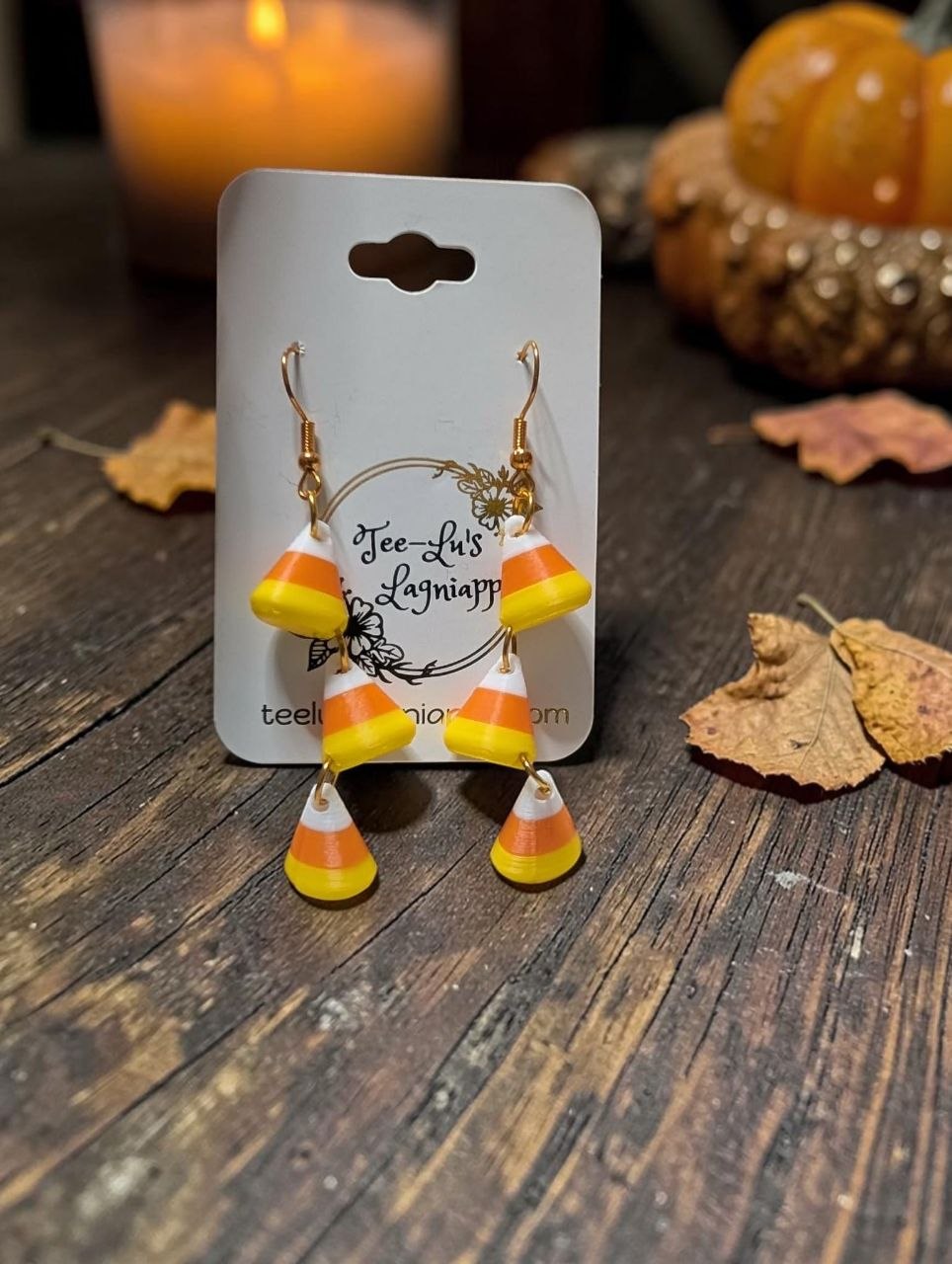 Cascading Candy Corn earrings - 3D printed Halloween earrings with three tiers of candy corn charms