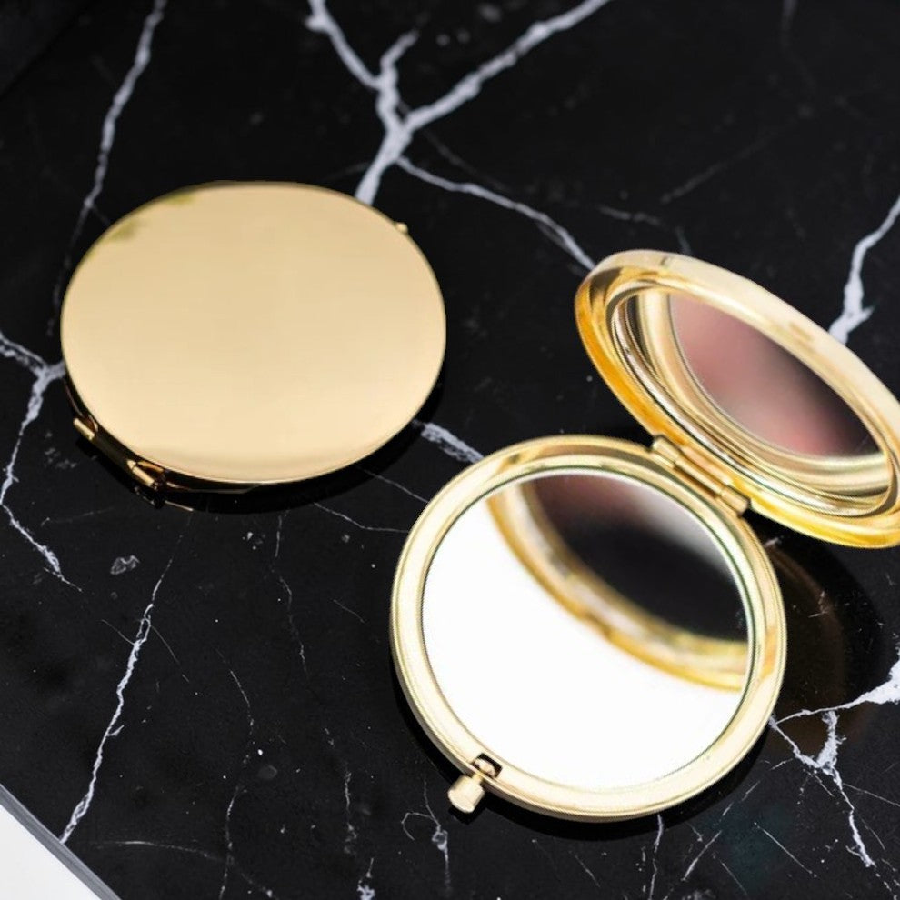 Custom laser-engraved stainless steel personalized compact mirror — handcrafted Louisiana bridal gift