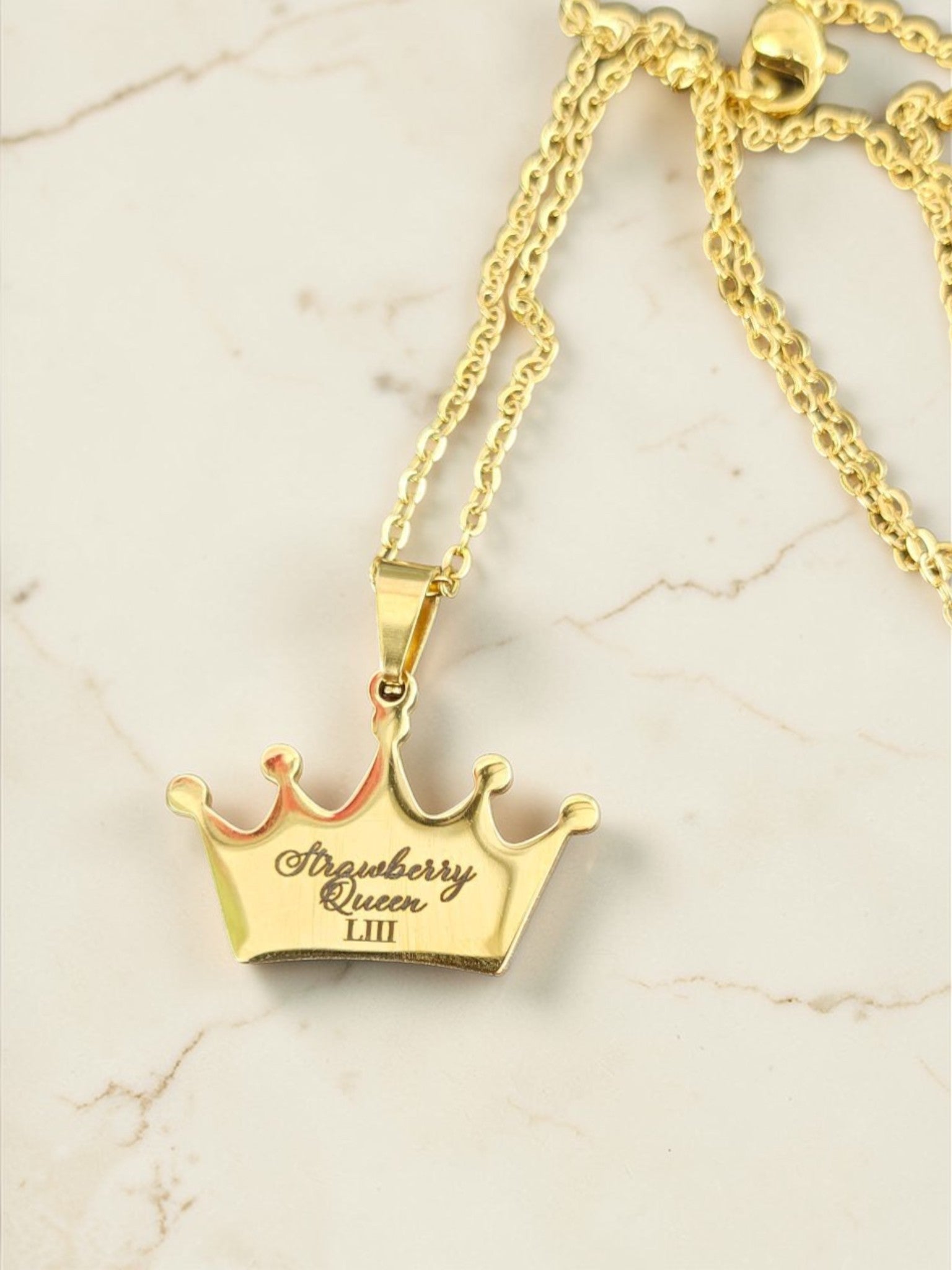 Custom laser-engraved stainless steel crown necklace — handcrafted Louisiana personalized royalty jewelry