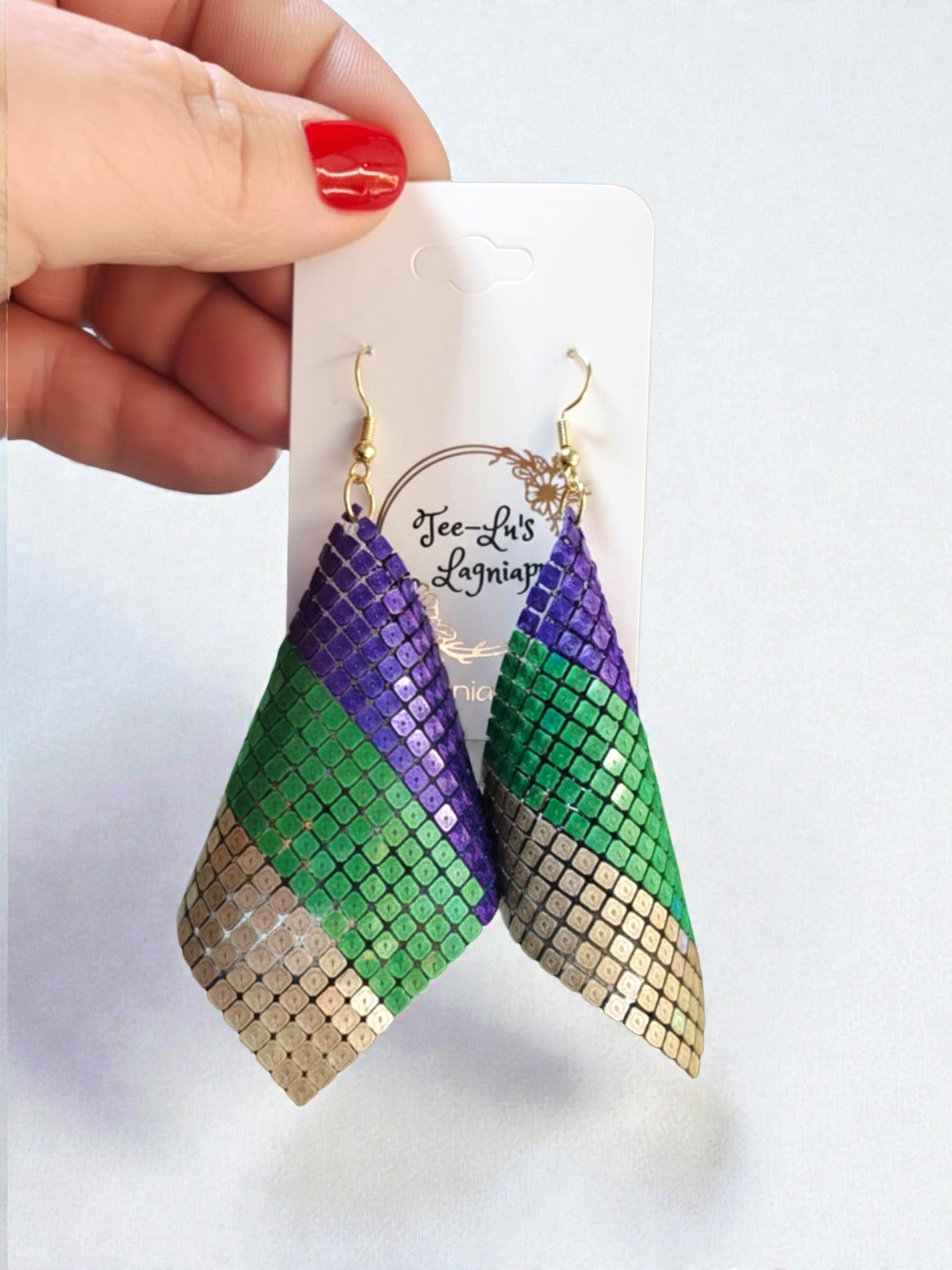 3D printed Mardi Gras diamond mesh dangle earrings — handcrafted Louisiana Carnival jewelry