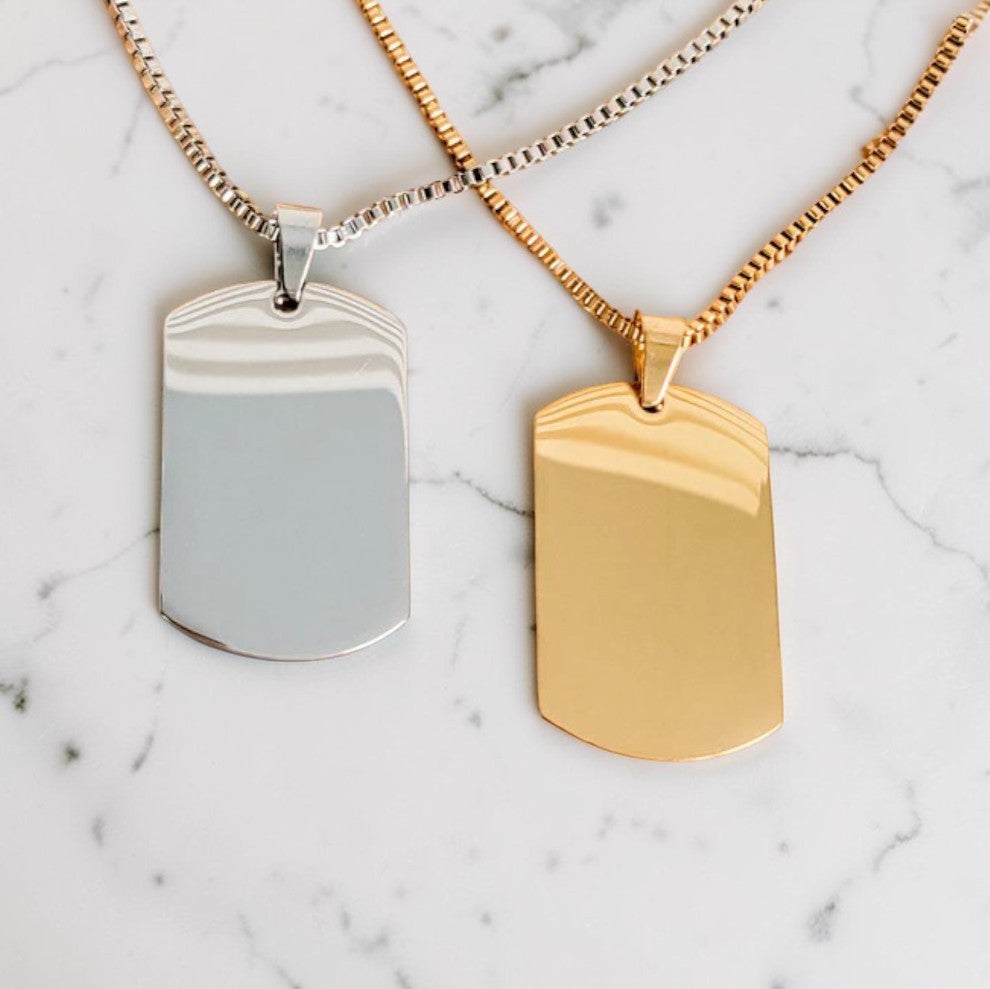 Custom laser-engraved stainless steel dog tag box chain necklace — handcrafted Louisiana men's personalized jewelry
