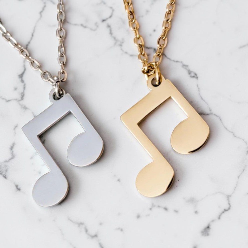 Custom laser-engraved stainless steel double music note necklace — handcrafted Louisiana personalized music jewelry