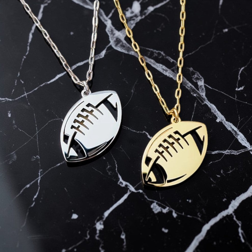 Custom laser-engraved stainless steel football necklace — handcrafted Louisiana personalized sports jewelry