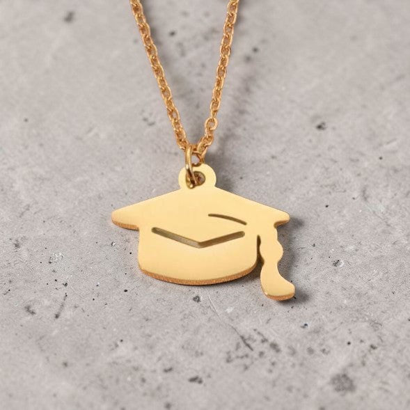 Custom laser-engraved stainless steel graduation cap necklace — handcrafted Louisiana personalized graduation gift