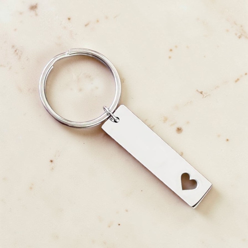 Custom laser-engraved stainless steel heart cutout bar keychain — handcrafted Louisiana personalized accessory