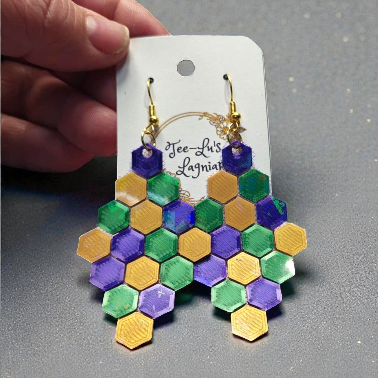 3D printed handcrafted earrings, Louisiana-made, New Orleans, Mardi Gras