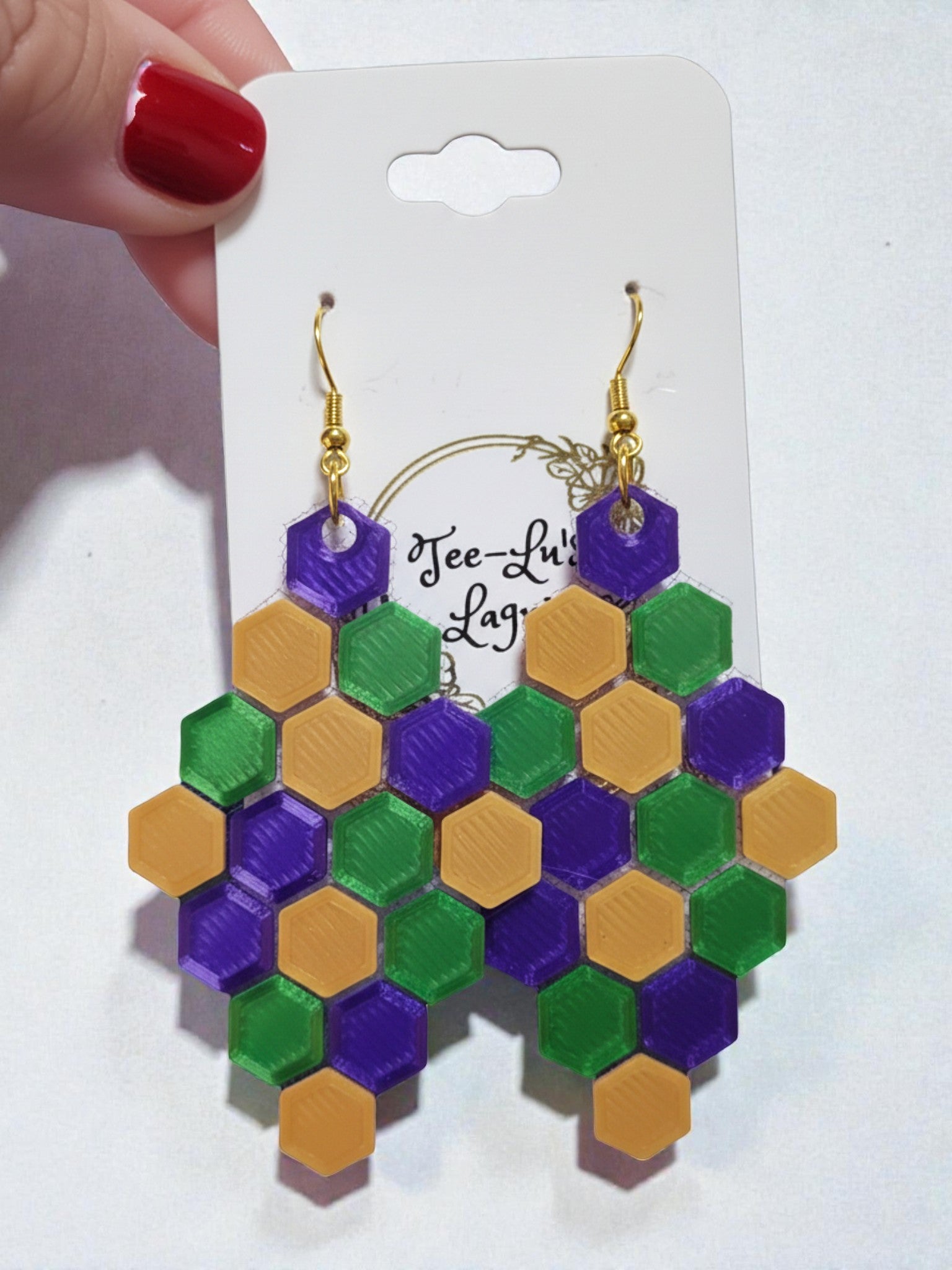 3D printed Mardi Gras honeycomb confetti earrings — handcrafted Louisiana Carnival jewelry