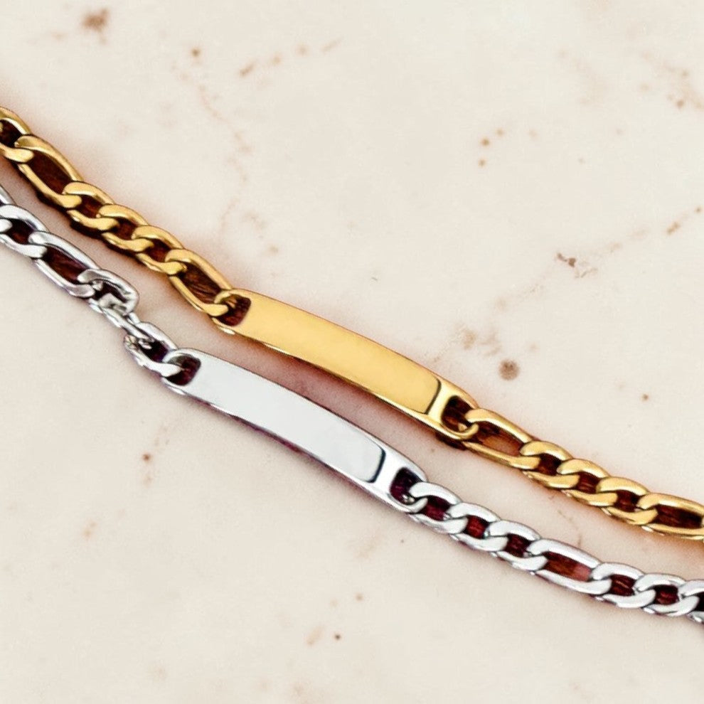 Custom laser-engraved stainless steel ladies Figaro style personalized bracelet — handcrafted Louisiana jewelry