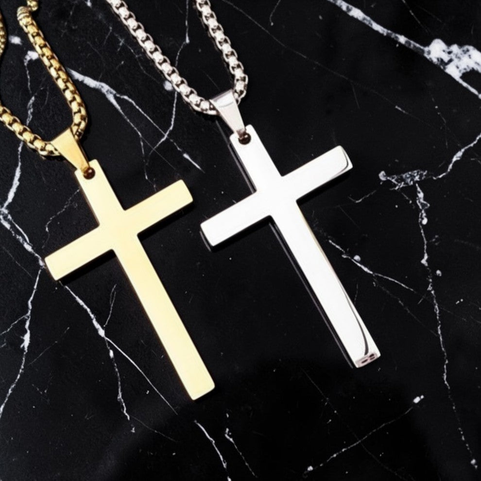 Custom laser-engraved large stainless steel men's cross necklace — handcrafted Louisiana personalized religious jewelry