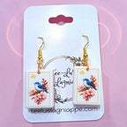 Mahj Blossom Bird earrings - bluebird on cherry blossom mahjong tile, front view