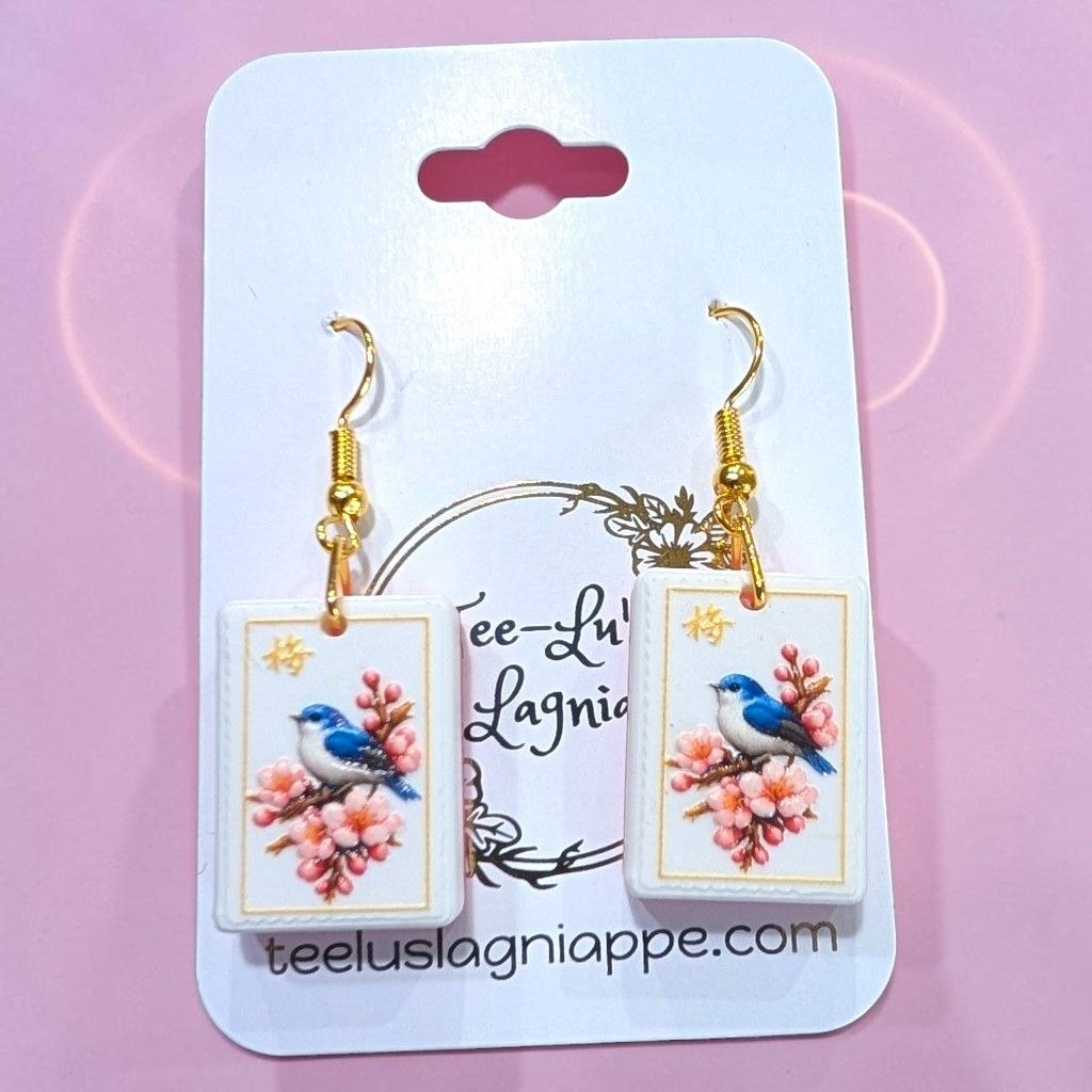 Mahj Blossom Bird earrings - bluebird on cherry blossom mahjong tile, front view