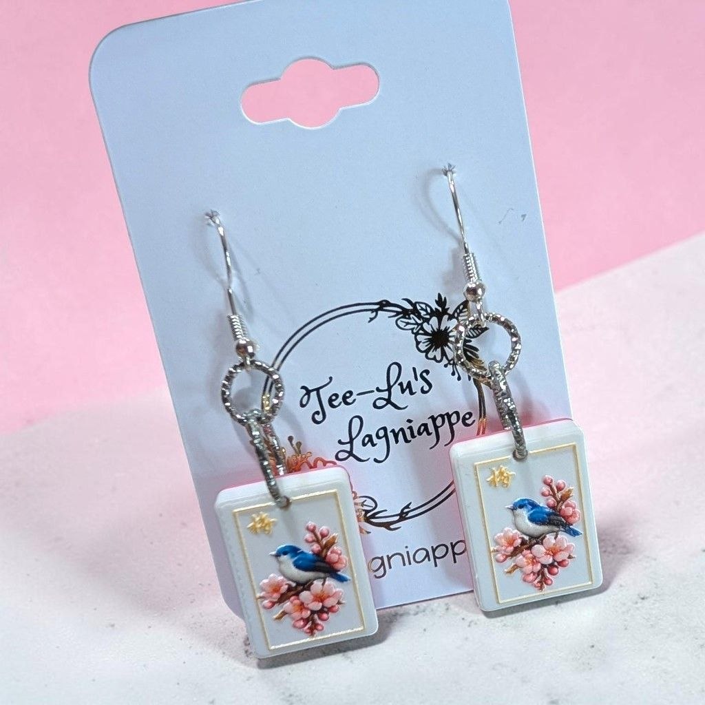Mahj Blossom Bird earrings - bluebird on cherry blossom mahjong tile, detail view