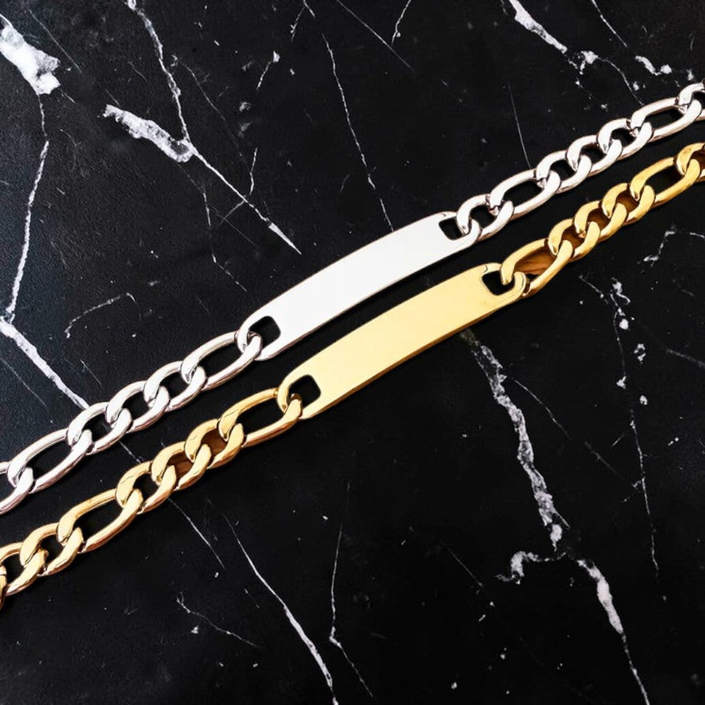Custom laser-engraved stainless steel men's Figaro style personalized bracelet — handcrafted Louisiana men's jewelry