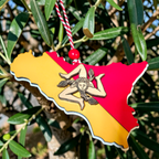 Handmade layered wooden Sicilian Heritage ornament with Sicilian flag — laser-engraved Louisiana keepsake