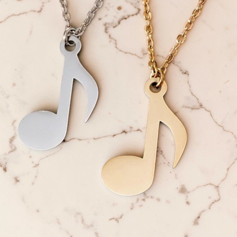 Custom laser-engraved stainless steel single music note necklace — handcrafted Louisiana personalized music jewelry