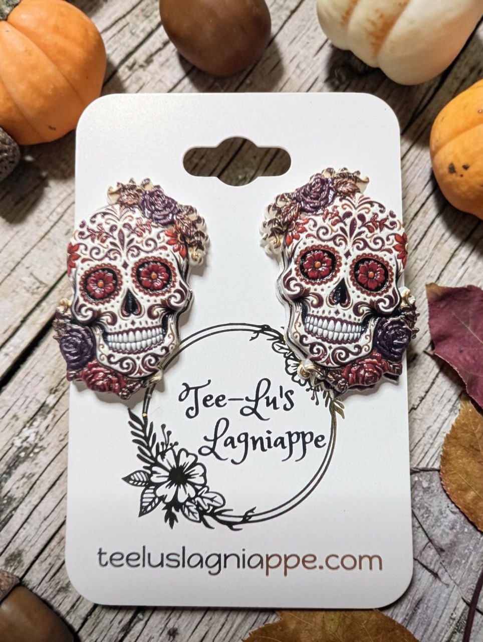 Sugar Skull Studs - 3D UV printed Dia de los Muertos earrings with burgundy and black detail