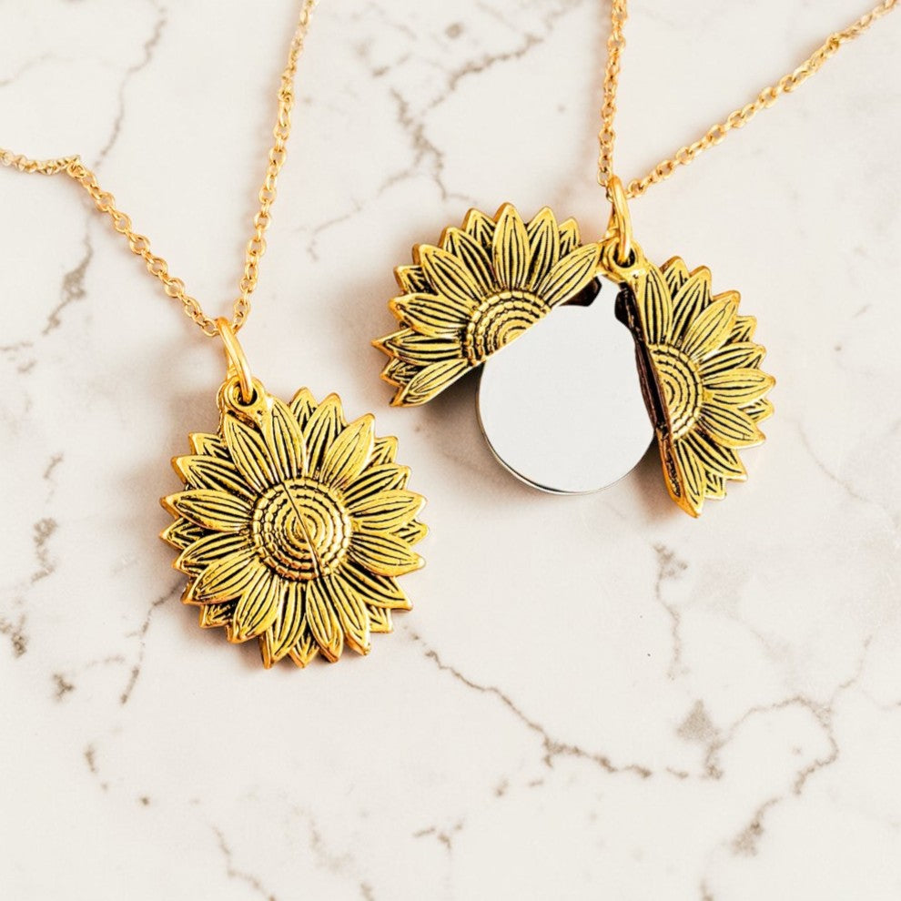 Custom laser-engraved 3D sunflower hidden message locket necklace — handcrafted Louisiana personalized jewelry