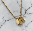 Custom laser-engraved stainless steel mini name tag necklace set — handcrafted Louisiana personalized jewelry