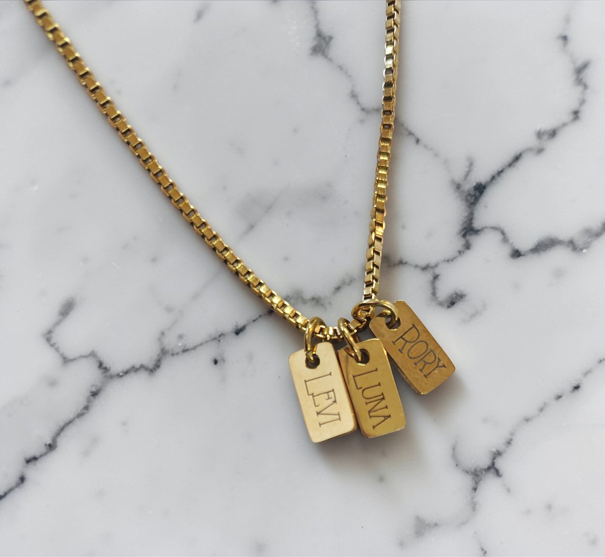 Custom laser-engraved stainless steel mini name tag necklace set — handcrafted Louisiana personalized jewelry