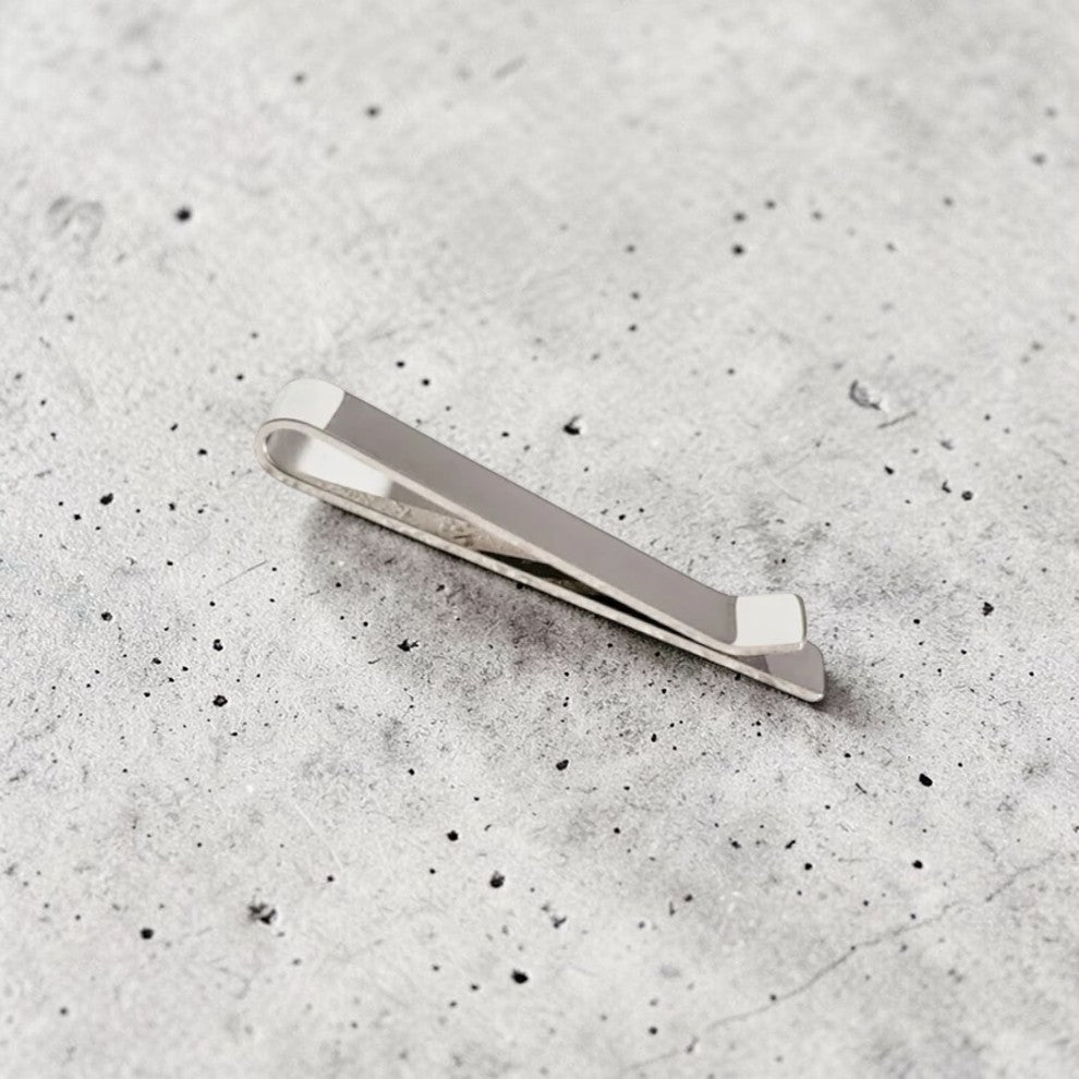 Custom laser-engraved stainless steel slim bar tie clip — handcrafted Louisiana personalized men's accessory